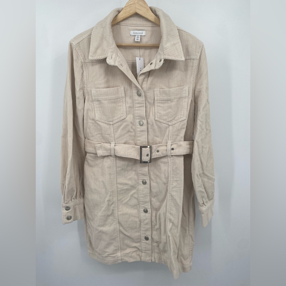 Topshop Corduroy Mini Shirtdress Belted Cream Size 8 NWT